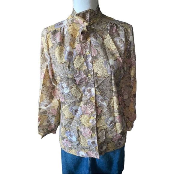 Vintage Rhonda Lee Pussy Bow Floral Shirt Petit Small - Picture 3 of 4